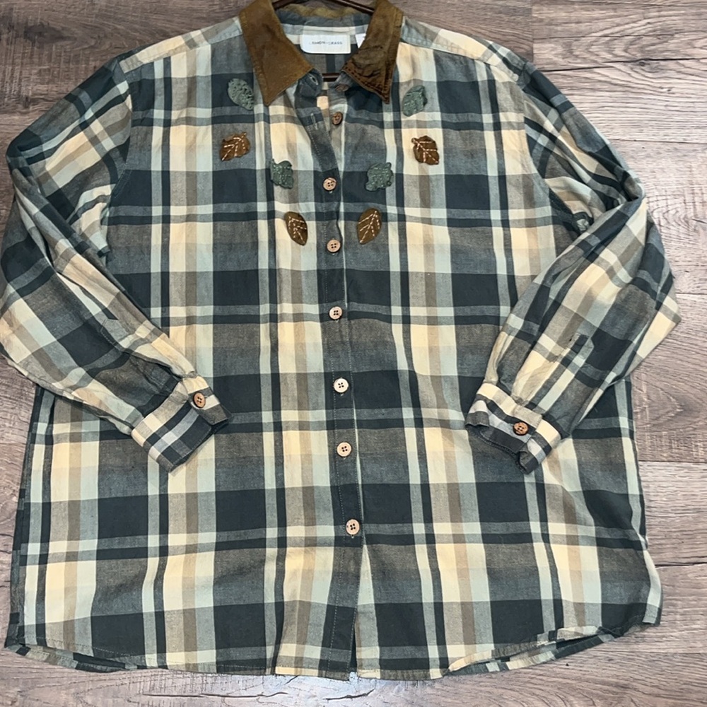 Lemon grass FALL LEAVES autumn thanksgivjng plaid SHIRT leather collar size 20